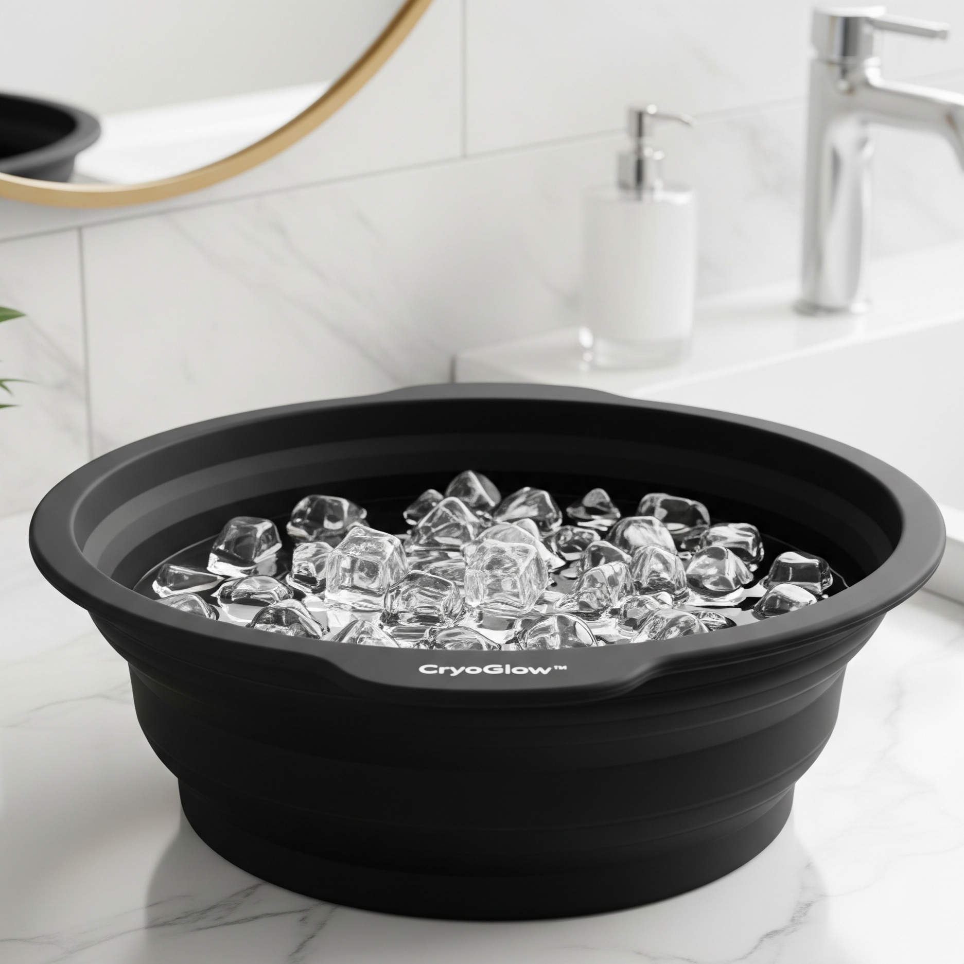 Black collapsible bowl with ice cubes on a marble countertop