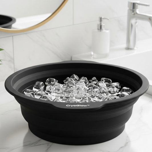 Black collapsible bowl with ice cubes on a marble countertop